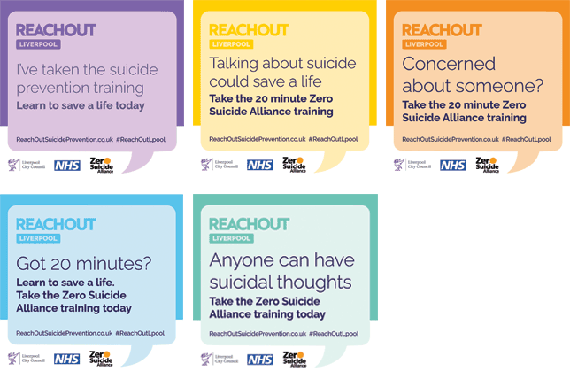 Set of five different social media share image promoting reachoutsuicideprevention.co.uk